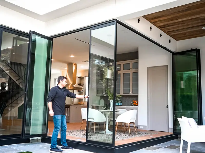 Opening corner system of slide and stack glass doors.
